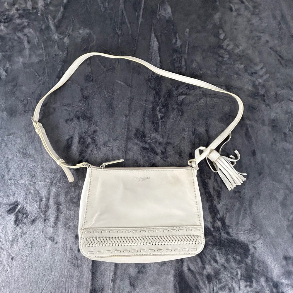 Tignanello Crossbody Bag Womens Medium Cream Leather Woven Tassel B-034